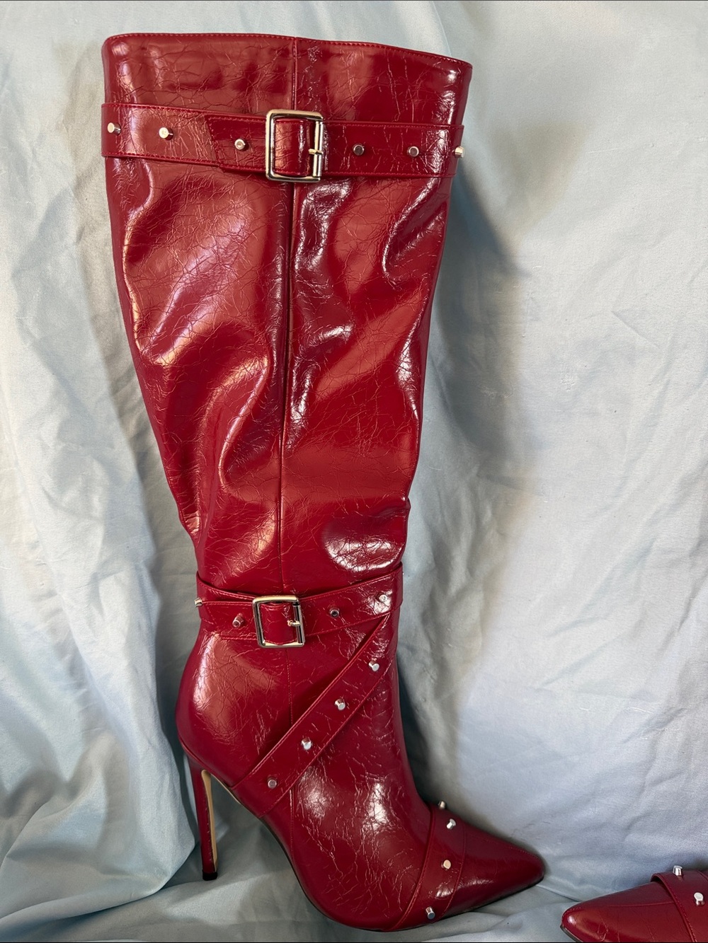 Red High Heel Knee-High Women's Boot with Studded Buckles